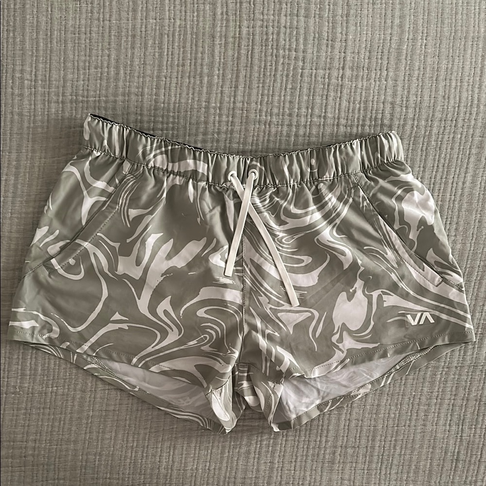 RVCA Green and White Athletic Shorts with Swirl Design